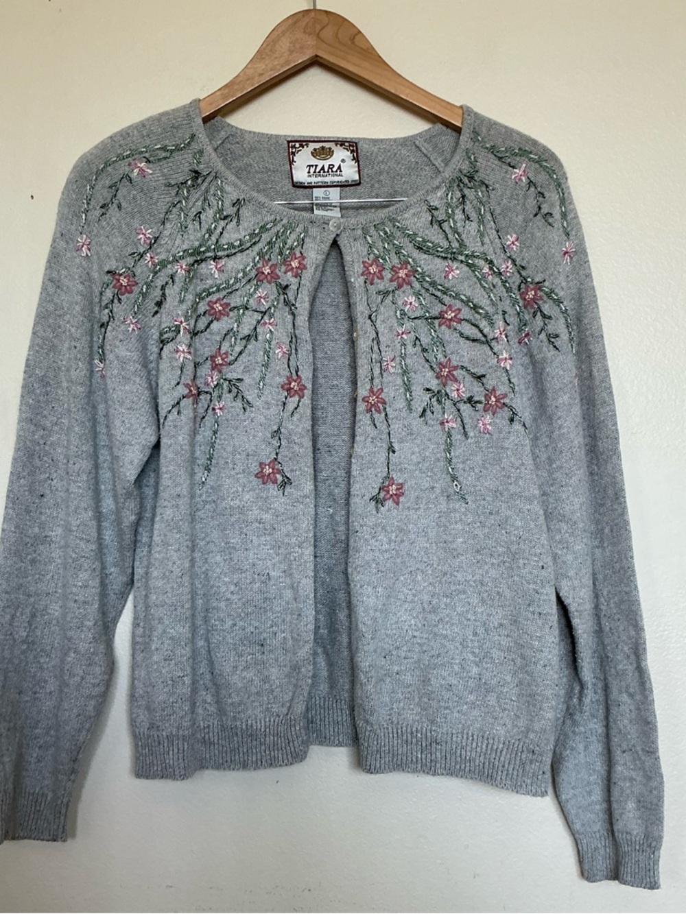 Tiara Gray Embroidered Floral Cardigan Sweater